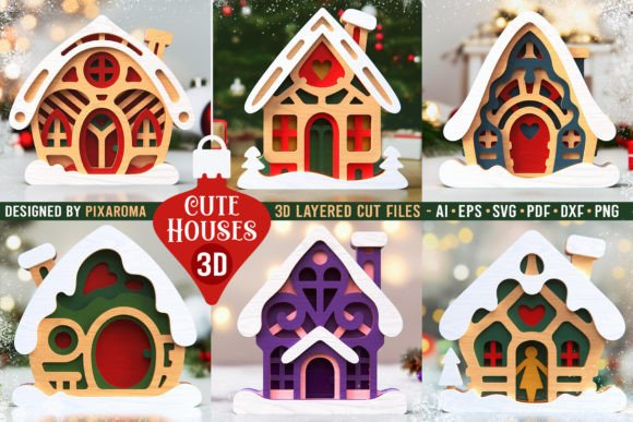 Cute Houses Bundle 3D Layered SVG for Holiday Crafting